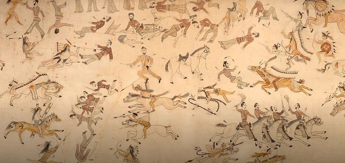 Lakota warrior Steven Standing Bear’s painted mural of the Battle of Little Big Horn on display in the American Indian section of the Metropolitan Museum of Art.