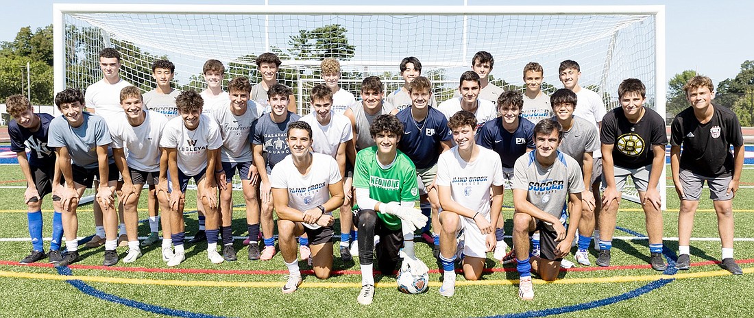 The 2024 Blind Brook boys’ varsity soccer team. Front row, from left: Captains QuiQue Almeida, Luka Cuk, Dylan McRedmond and Nico Palacios. Second row, from left: Ryan Goldstein, Max Tauber, Zach Taerstein, Jack Shaw, Noah Dweck, Noah Becher, Luke Miller, Tyler Taerstein, Chase Katz, Victor Lopez, Cooper Schloss, So Achiwa, Dylan Orris, MJ Beatty. Back row, from left: Danny Wilk, Ziad Attia, Chris Davis, CJ Stumpf, Thomas Maniscalco, Hiro Shizuka, Cameron Scott, Danny Keilman, Jack Gold.