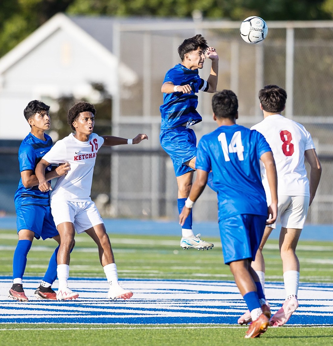 Senior midfield David Dolores wins a ball in the air during the Rams’ home game on Monday, Sept. 9 against Roy C. Ketcham. Dolores scored Port Chester’s only goal in the contest which the Rams lost 2-1.