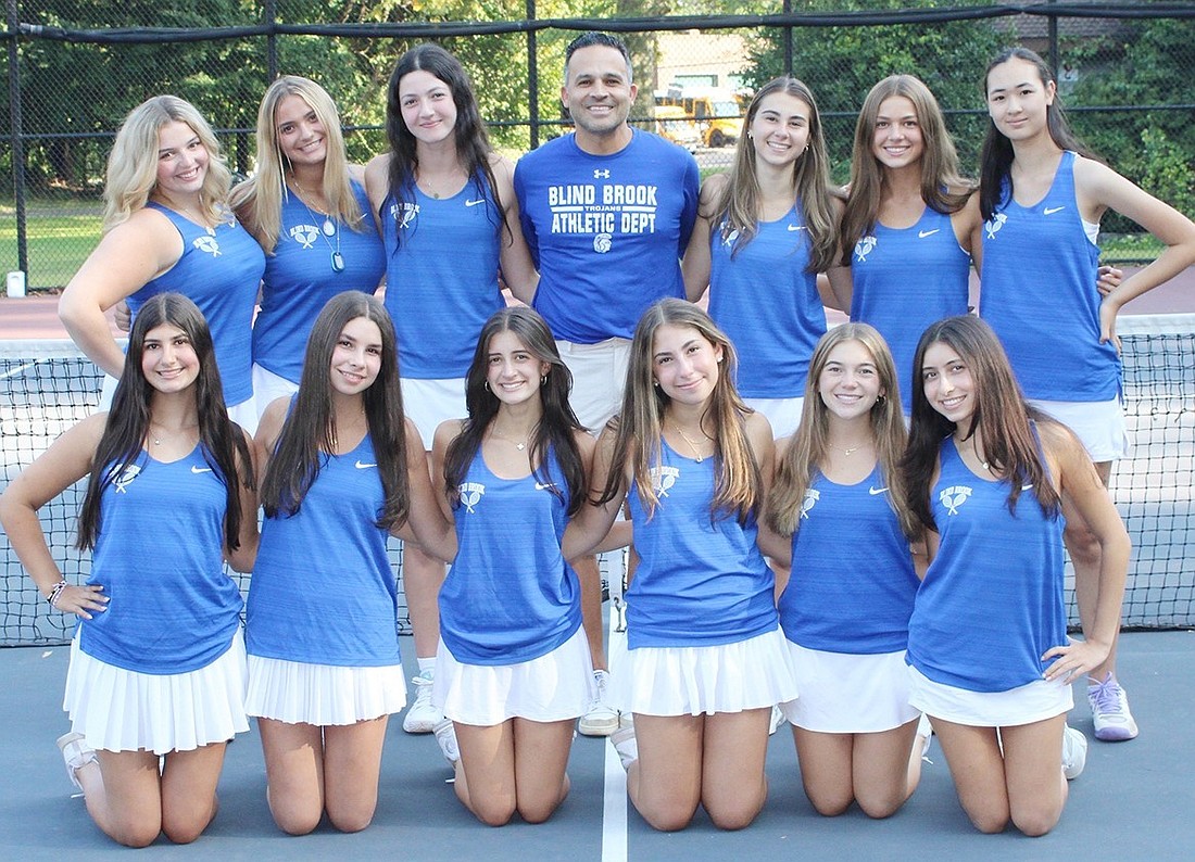 The 2024 Blind Brook girls’ varsity tennis team. Back row, from left: Madilyn Klein, Sara Levine, Avery Smith, Coach Todd Bazzini, Ella Mensch, Mara Baltag, Abigail Weintraub. Front row, from left: Mikayla Dolgins, Ella Rackenberg, Madeline Fishbach, Julia Mensch, Mallory Schwartz, Mia Fishkind.