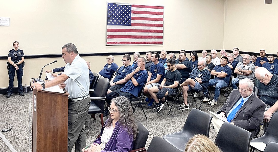 Backed by his peers in the Past Port Chester Fire Department Deputy Chiefs Association, Kevin McFadden addresses the Board of Trustees during their meeting on Sept. 3 to voice concerns about the perceived urgency of effort to address a PESH violation notice deemed serious. The state agency found half of the department’s officers are undertrained.