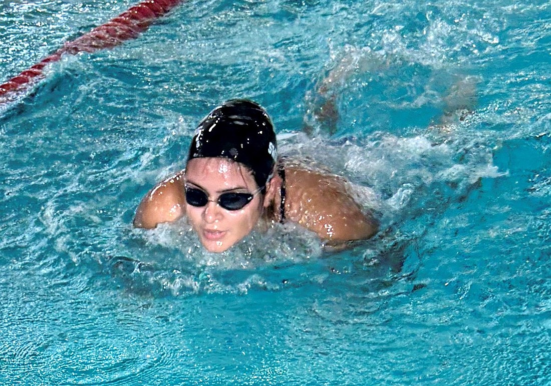 Brenda Cordova swims the breaststroke leg of the 200-yard individual medley in the Lady Rams’ away meet against Harrison last Friday, Sept. 20.