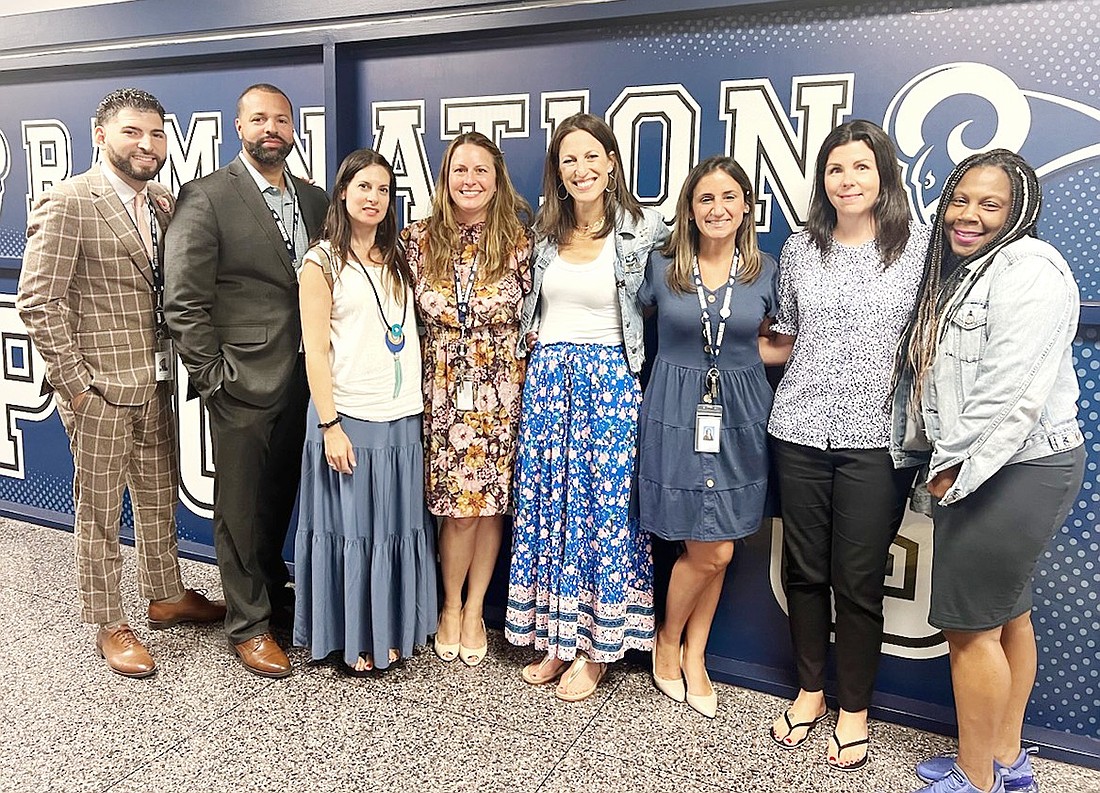 Port Chester Middle School administrators Assistant Principal Steven Vargas, Principal Bryant Romano, PTA Vice-President Lisa Horowitz, Assistant Principal Christine Rascona, PTA President Jill Geller, Assistant Principal Kristin Pascuzzi, PTA Corresponding Secretary Caren Ford and PTA Recording Secretary Devin Evans pose for a photo after the Port Chester Middle School PTA rechartering on Sept. 9.