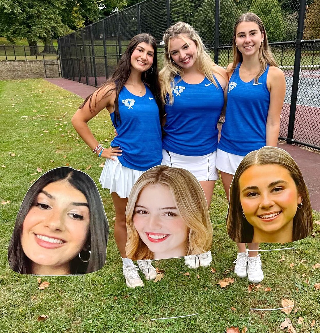 Seniors on the Blind Brook High School varsity tennis team who were honored during a rose ceremony before their homecoming match on Friday, Sept. 27. From left: Mikayla Dolgins, Madilyn Klein and Ella Mensch.