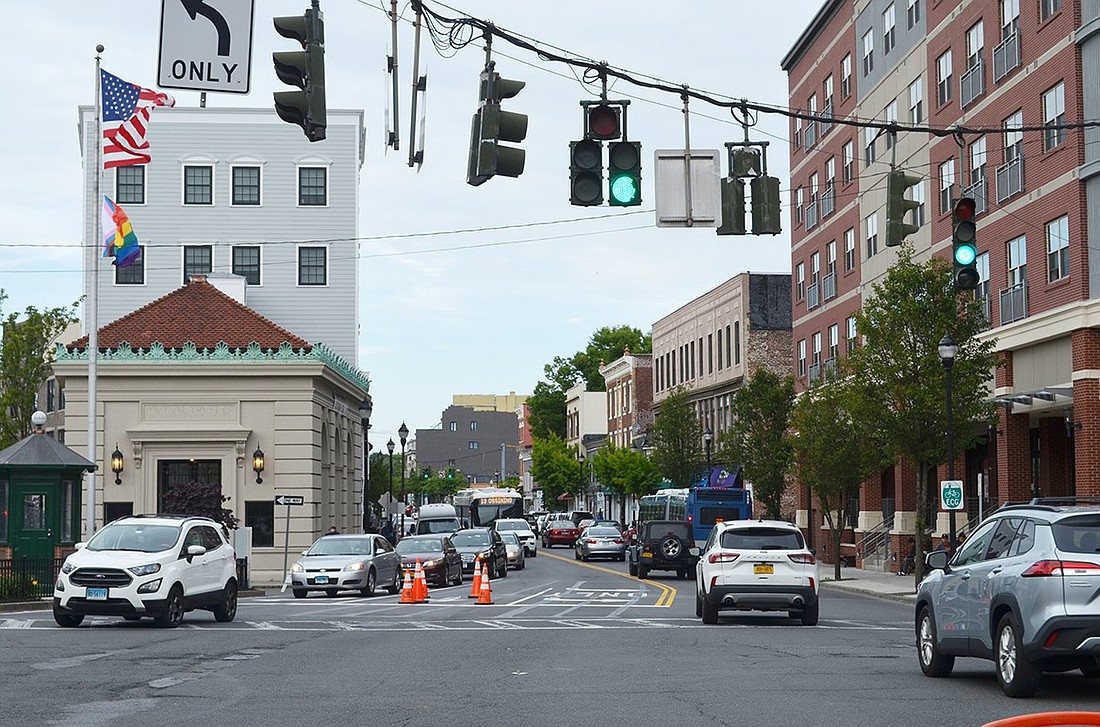 Looking north on Port Chester’s North Main Street in the heart of downtown before buildings on the righthand side of the street were demolished to make way for a mixed-use residential development with retail on the first floor at 27-45 North Main. Port Chester is applying for a $10 state grant to transform downtown into a vibrant center offering a high quality of life.