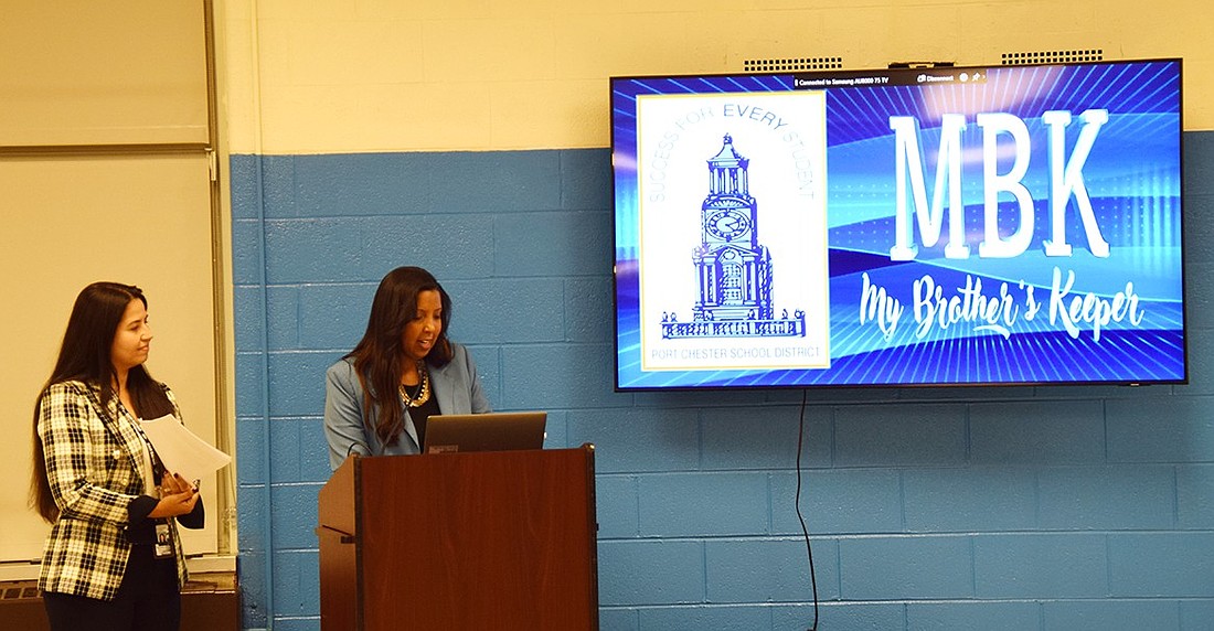 Port Chester School District Superintendent Dr. Aurelia Henriquez (right) speaks at the My Brother’s Keeper “Local Action Summit” in December 2023, during the early days of applying to join the group. On Sept. 12 of this year, the New York State Education Department announced the district had been accepted.