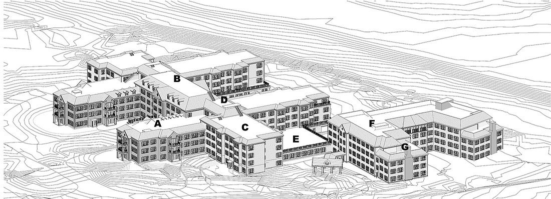 Architectural site plan showing the independent living and assisted living buildings approved for the 900 King St. site on Sept. 14, 2021. The concept plan for the property received a fourth extension on Sept. 24, this time for six months with conditions. The owner of the property has contracted with Sunrise Development Inc. to build and operate the age-restricted residential community for senior citizens.