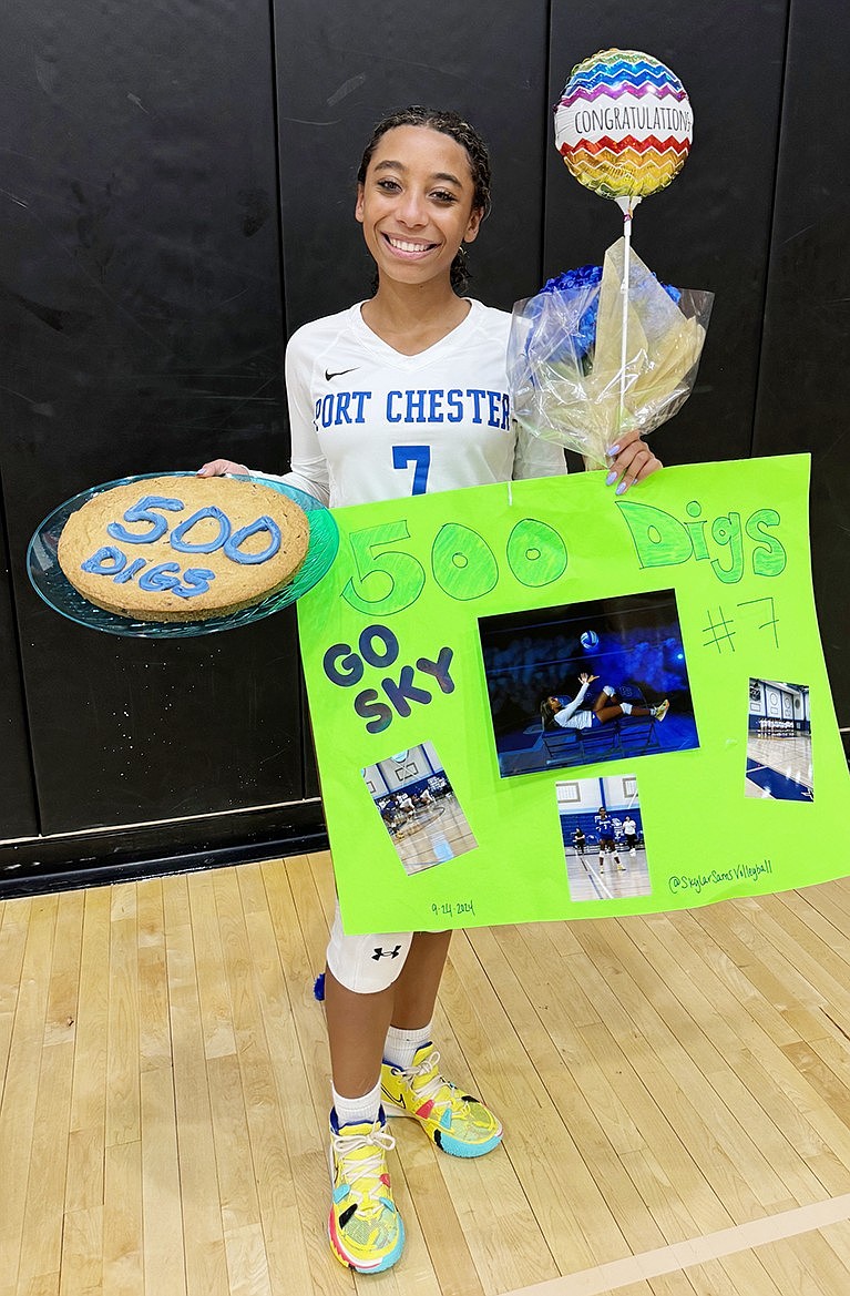 Port Chester High School junior Skylar Sams joined the 500 club after hitting her 500th dig against White Plains on Sept. 24.