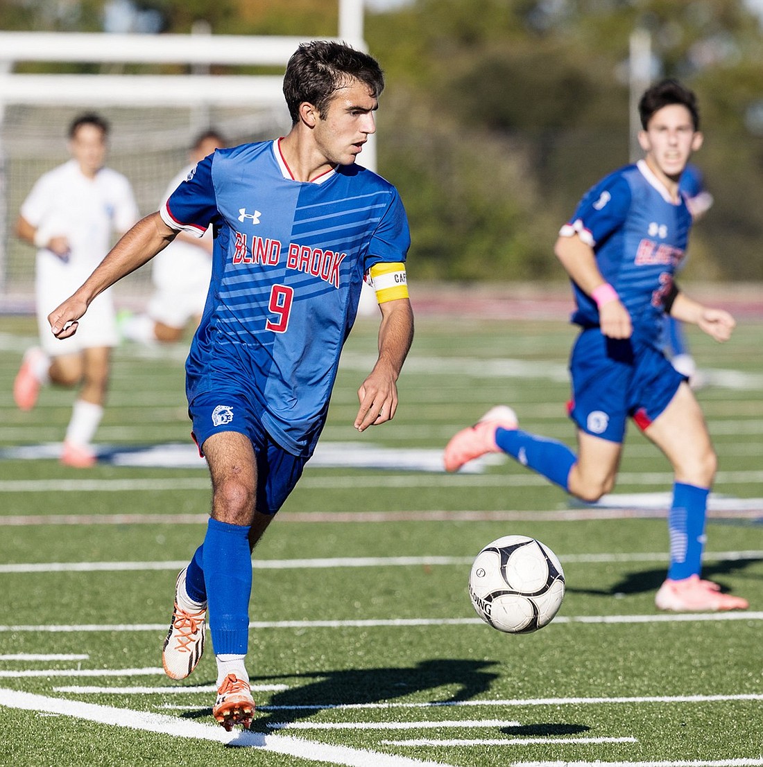 Senior captain Nico Palacios (#9) executed a perfect penalty kick during the Trojans’ home game against Briarcliff on Wednesday, Oct. 9 which gave Blind Brook the lead. Noah Brookman cemented it with another goal and the Trojans beat the Bears 2-0.