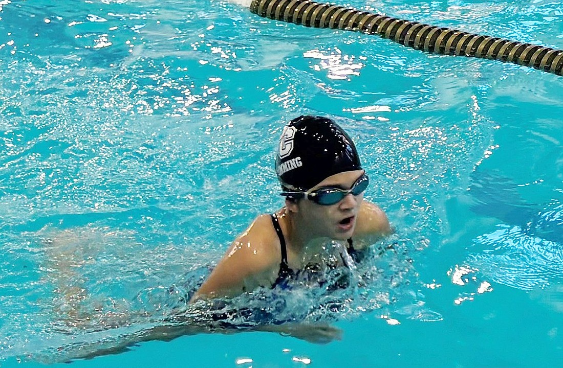 Sophomore Anabel Jimenez swims to a personal record in the 100-Yard Breaststroke in the Lady Rams’ loss to Peekskill at Carver Center last Wednesday (10/9).