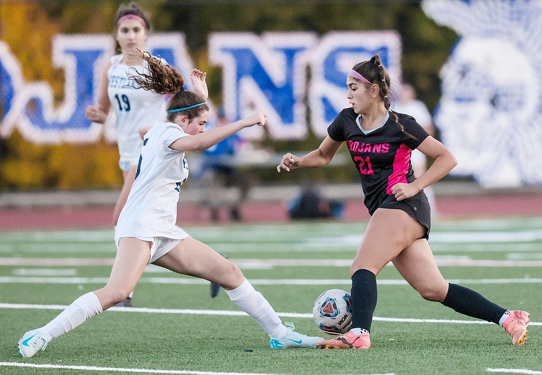 Sophomore striker Lola Gonzalez cuts the ball inside against a Westlake defender in Blind Brook’s last game of the season, a home victory over the Wildcats on Monday, Oct. 21.