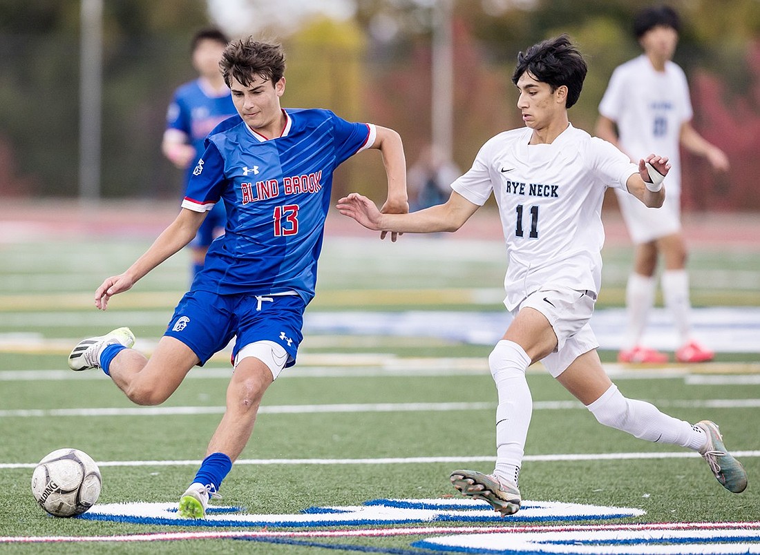 Junior Jack Shaw looks to take a shot at the Rye Neck goalkeeper in Blind Brook’s final home game of the regular season on Thursday, Oct. 17. The contest ended in a 1-1 draw.