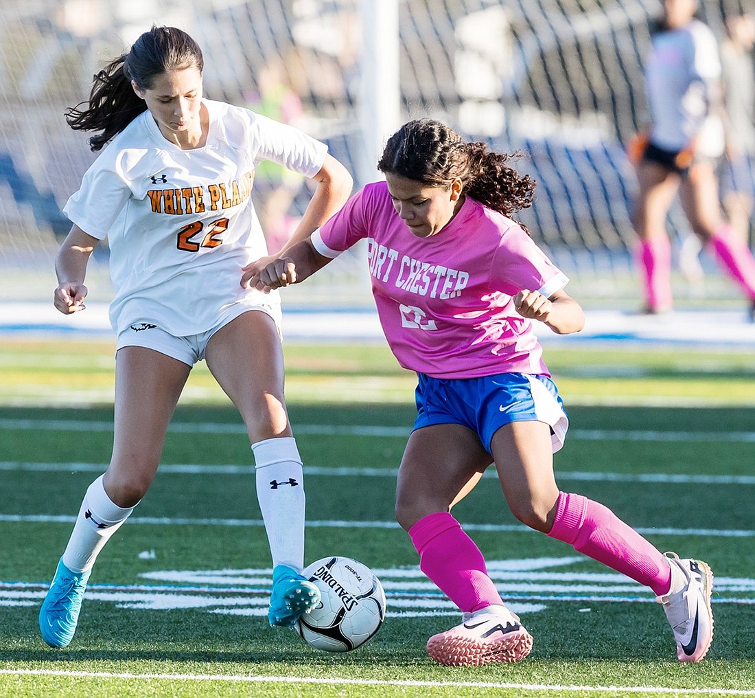 Senior Saidy Hernandez tries to get the ball back from a White Plains defender in the Lady Rams’ Oct. 10 contest with White Plains. Hernandez will be instrumental in the postseason for the Lady Rams.