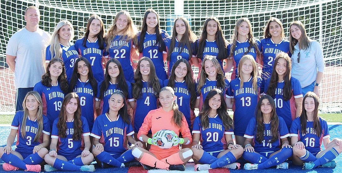 The 2024 Blind Brook High School girls’ varsity soccer team. Back row, from left: Lily Wolf, Tatum Korpi, Kendall Konigsberg, Alex Rubin, Makayla Dutra, Bella Montesano, Natalie Carey, Lola Gonzalez. Middle row, from left: Alexandra Maniscalco, Brooke Freund, Kyra Fisher, Eliza Barnett, Sofia Padilla, Emma Yaches, Ashley Brookman, Kayleigh Curran. Front row, from left: Skylar Sommers, Daniella Dluzhevskiy, Sena Tarnoff, Anna Vnenchak, Reese Weinstein, Gabby Cavallo, and Hadley Cohen.