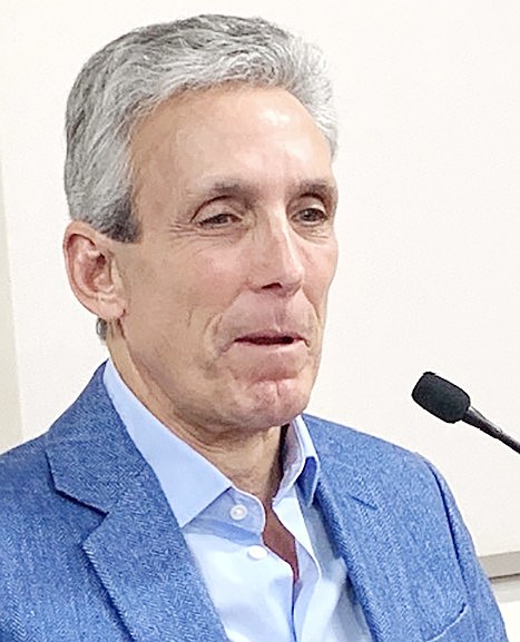 Charles Cohen speaks to the Rye Brook Board of Trustees and public at Village Hall on Apr. 24 about his proposed plans for 975 Anderson Hill Rd.