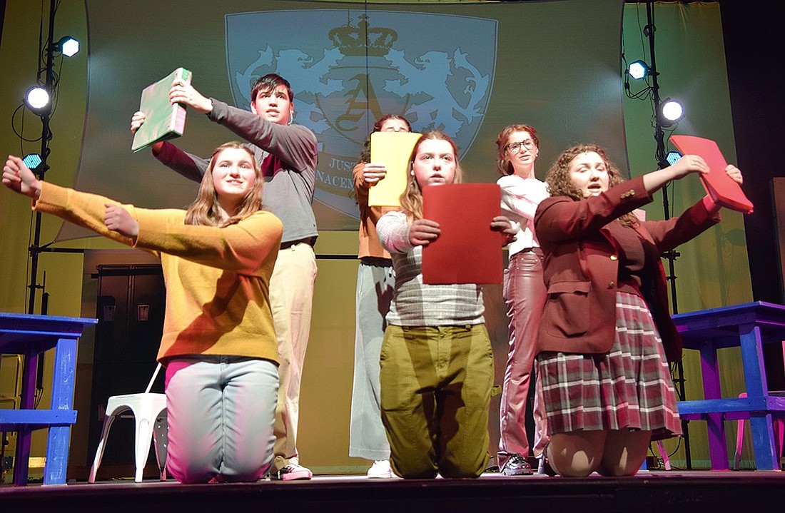 The Blind Brook High School cast of "Ranked" in a key scene from the play where, as noted in last week's Westmore News, "the academic record of students is directly linked to worth in the social hierarchy. Every week, grade-influenced leaderboards are updated and publicly displayed, determining if students are ‘Above Average’ or ‘Below Average.’”