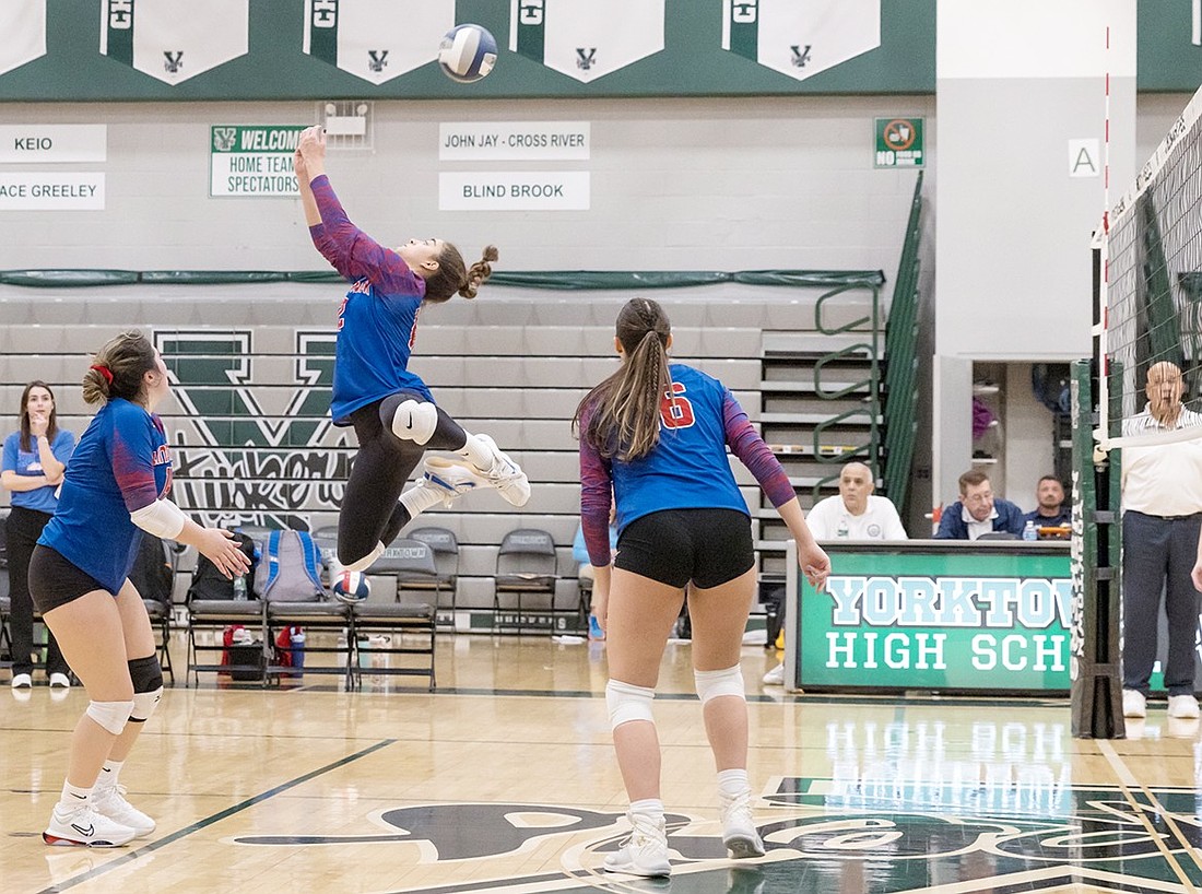 Junior Oriah Rosenfeld makes a dramatic save in Blind Brook’s regional final game against Ichabod Crane at Yorktown High School on Saturday, Nov. 16. The Trojans won the exciting matchup 3-2.