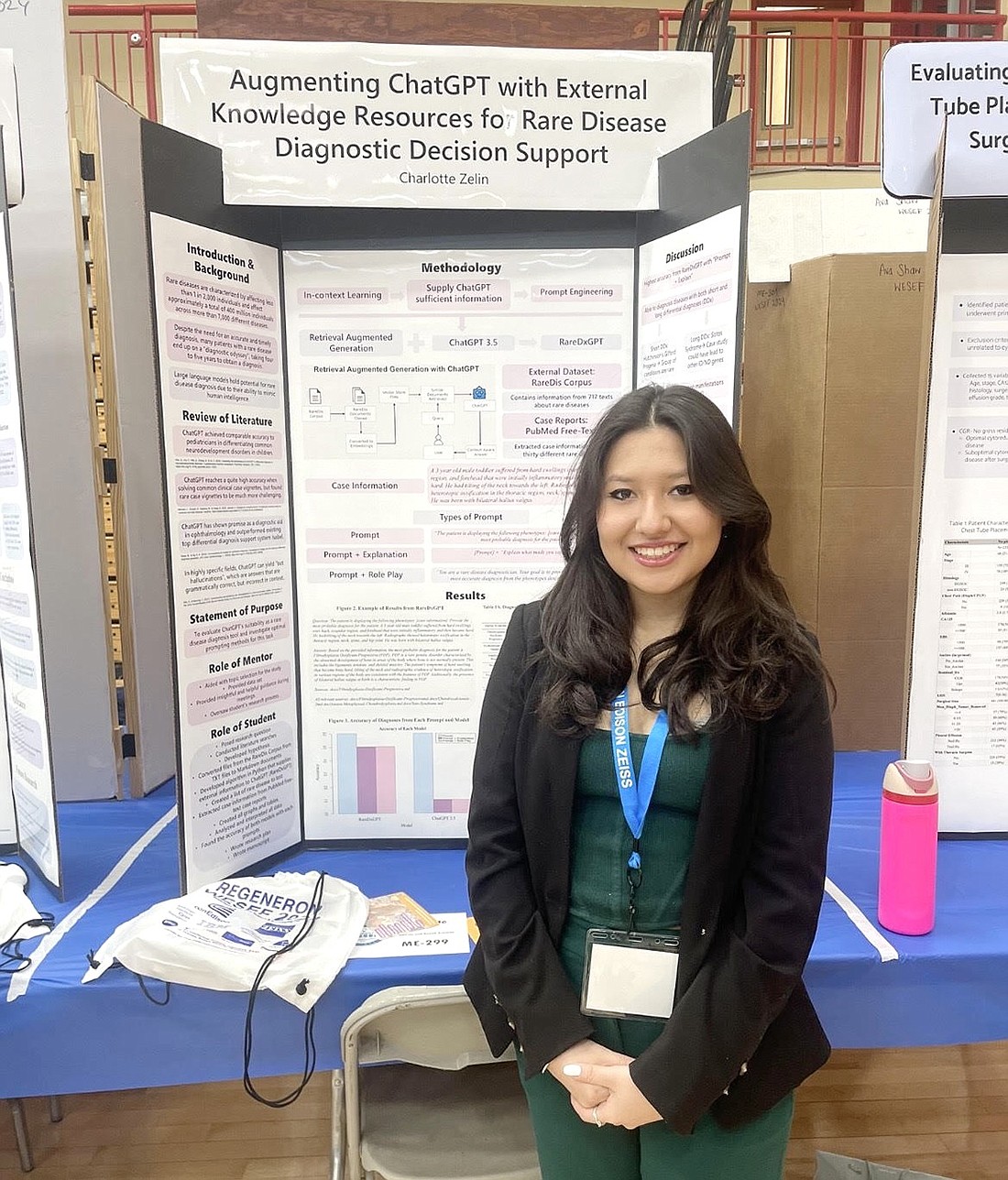 Charlotte Zelin, currently a Blind Brook High School senior, presents her research project on using AI technologies as a rare disease diagnostic tool at the Regeneron Westchester Science & Engineering Fair conference in March. Her work was published in the Journal of Biomedical Informatics in September.