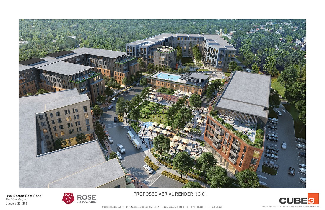 Rendering of what the mixed-use development approved for the former United Hospital property at 406-408 Boston Post Rd. and 999 High St. will look like. The proposed changes to the site plan would not change the footprint or the massing of the buildings.