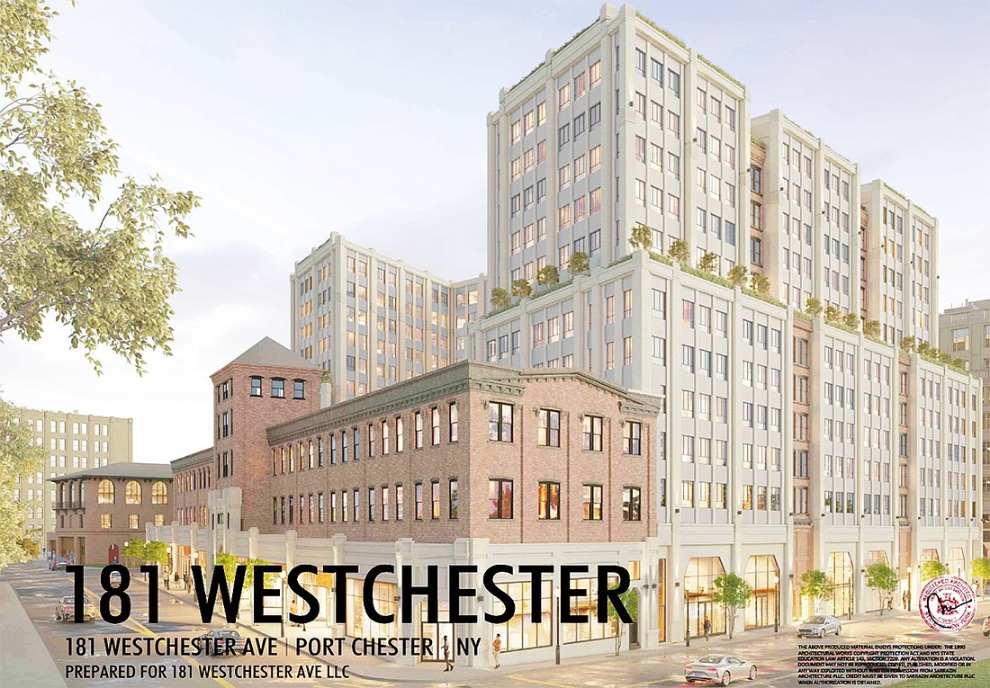 An early rendering of what a redeveloped 181 Westchester Ave. might look like, maintaining the front of the historic Ernest Simons Building facing Westchester Avenue and adding 12-story residential towers with retail on the first floor behind it on Pearl Street, Irving Avenue and Poningo Street.