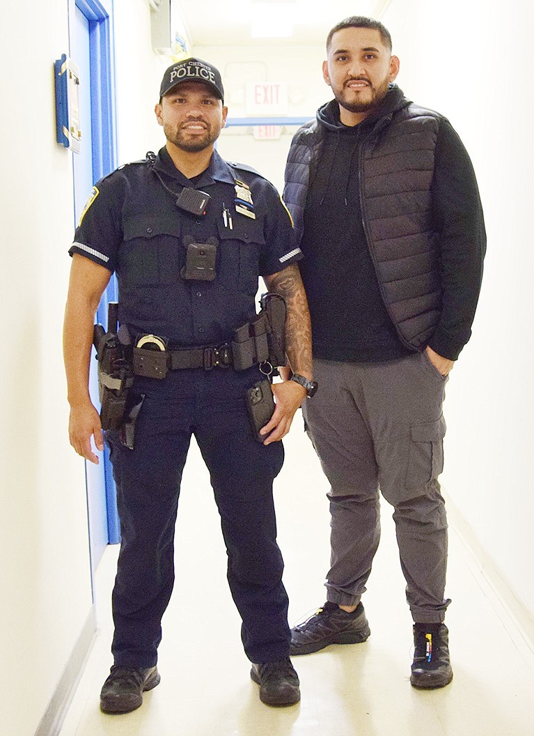 Officers Kevin Iglesias (left) and Luis Marino, Port Chester’s newest lawmen, pose for a photo inside the Rye Town Courthouse that shares a building with the Port Chester Police Department at 350 N. Main St. on Nov. 20.