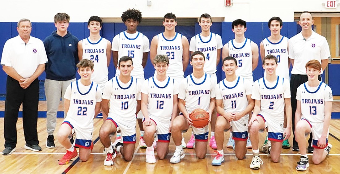 The 2024-25 Blind Brook boys’ varsity basketball team. Back row, from left: Assistant Coach Bart DiNardo, Stephen Grazio, Cooper Smith, Josia Curtis, Tyler Taerstein, Aidan Sachs, Elliot Zwicker, Sebastian Lim, Coach John Aguilar. Front row, from left: Matthew Grossman, Nico Palacios, Cooper Schloss, Noah Brookman, Jack Gold, Luke Miller, Ryan Brown.