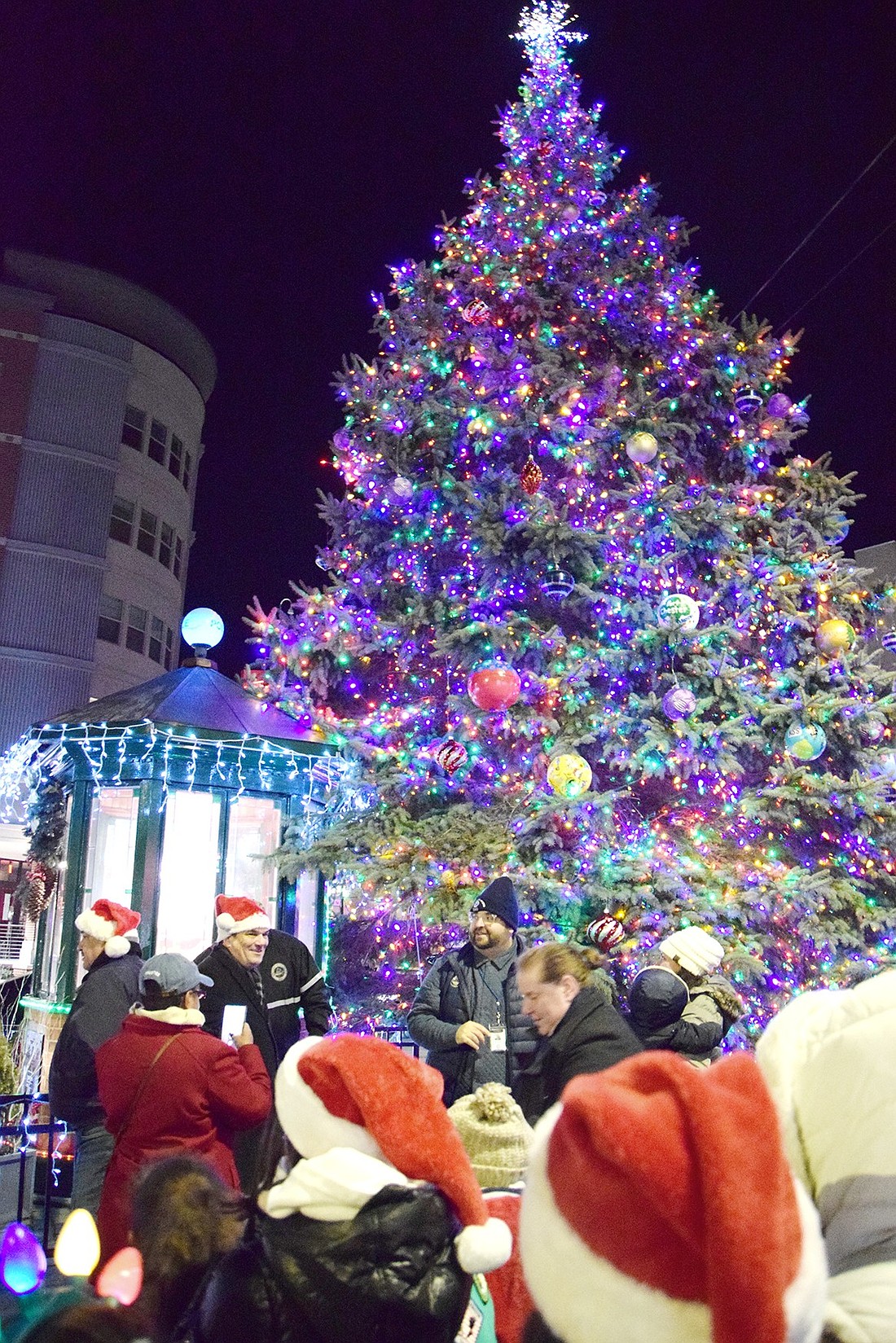 A crowd starts cheering after Village of Port Chester officials ceremoniously light up a towering Christmas tree in Liberty Square on Thursday, Dec. 5. The annual Christmas Tree Lighting brought the community together to officially kick off the holidays downtown.