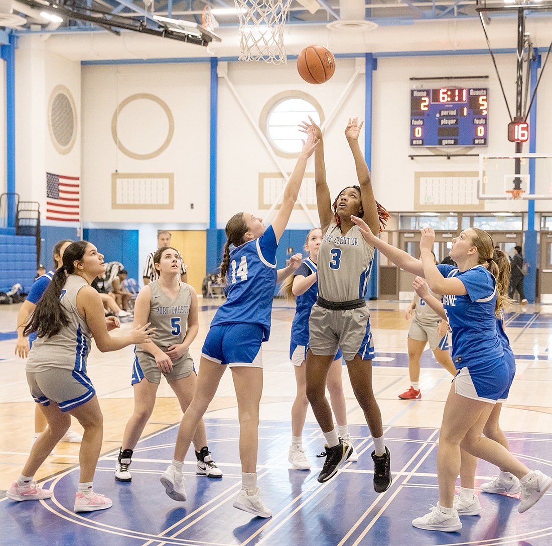 Senior Elise Thomas shoots a layup in the Port Chester Lady Rams’ only game in the Louie Larizza, Jr. Memorial Basketball Tournament last Saturday (12/14) in the Port Chester High School gym. The Lady Rams beat Haldane 63-41.