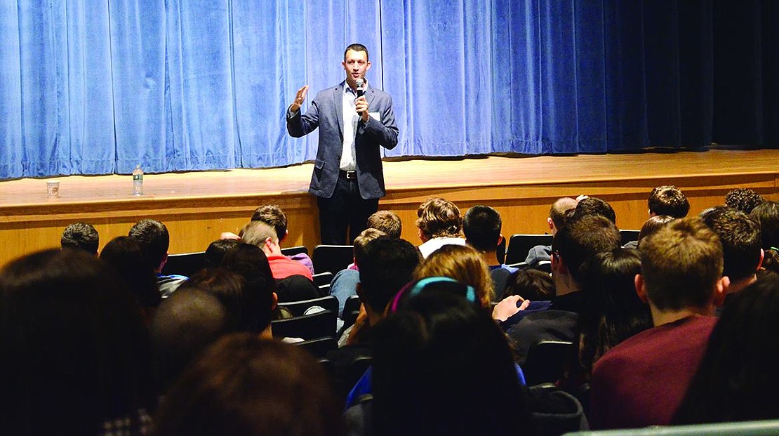  David Flink, the author of "Thinking Differently: An Inspiring Guide for Parents of Children with Learning Disabilities," speaks to Blind Brook High School students on Monday, Mar. 16. As part of the Creating Connections program in the Blind Brook school district, Flink addressed all three schools as well as a group of parents and community members. 