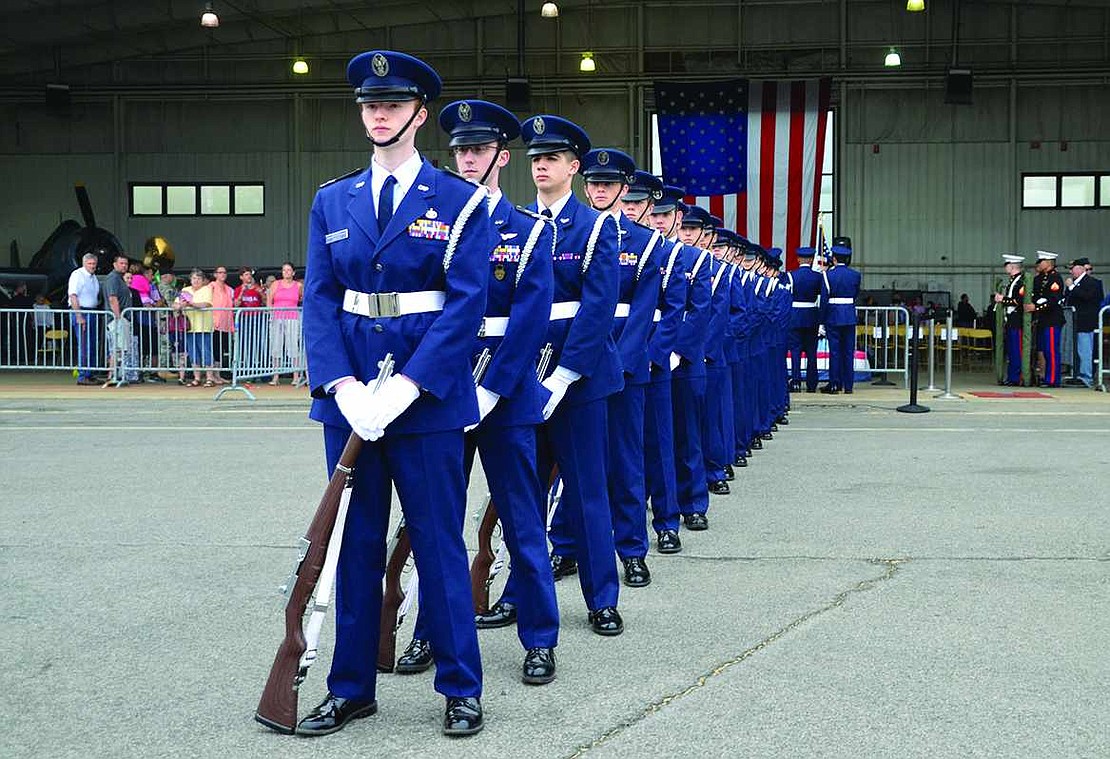  Cadet 1st Lt. Connor Winton stands at the front of the lineup of his fellow members of the South Eastern Group, a New York wing of the Civil Air Patrol. They acted as the honor guard at the send-off ceremony for 65 local World War II veterans who travelled to Washington, D.C. to visit the World War II Memorial and other sites on Saturday, May 9, courtesy of Hudson Valley Honor Flight.