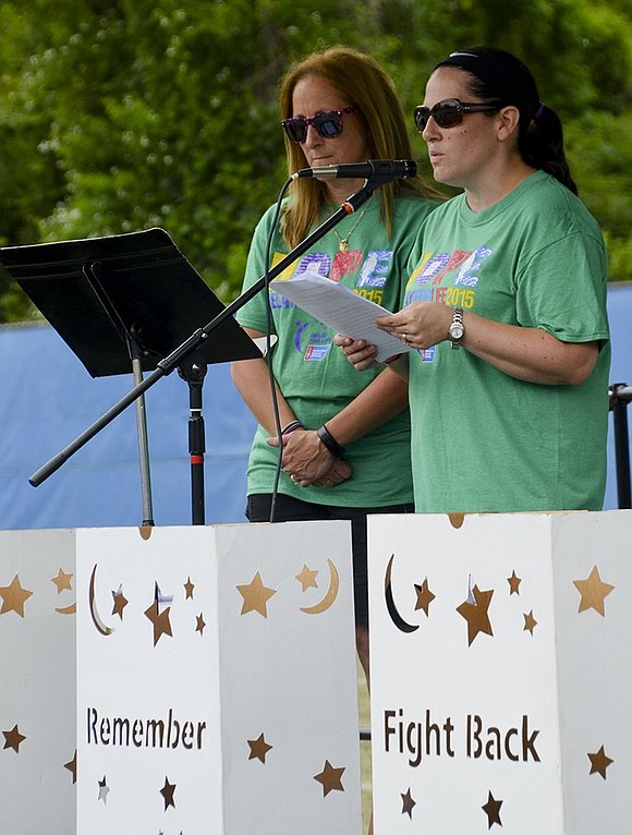 Kathy Franceschini and Chrissie Onofrio, co-chairs of this year's Relay for Life, address the crowd. 