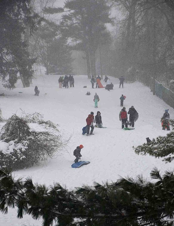 Sledding was popular at Crawford Park, even during the height of the snowstorm on Saturday, Jan. 23.