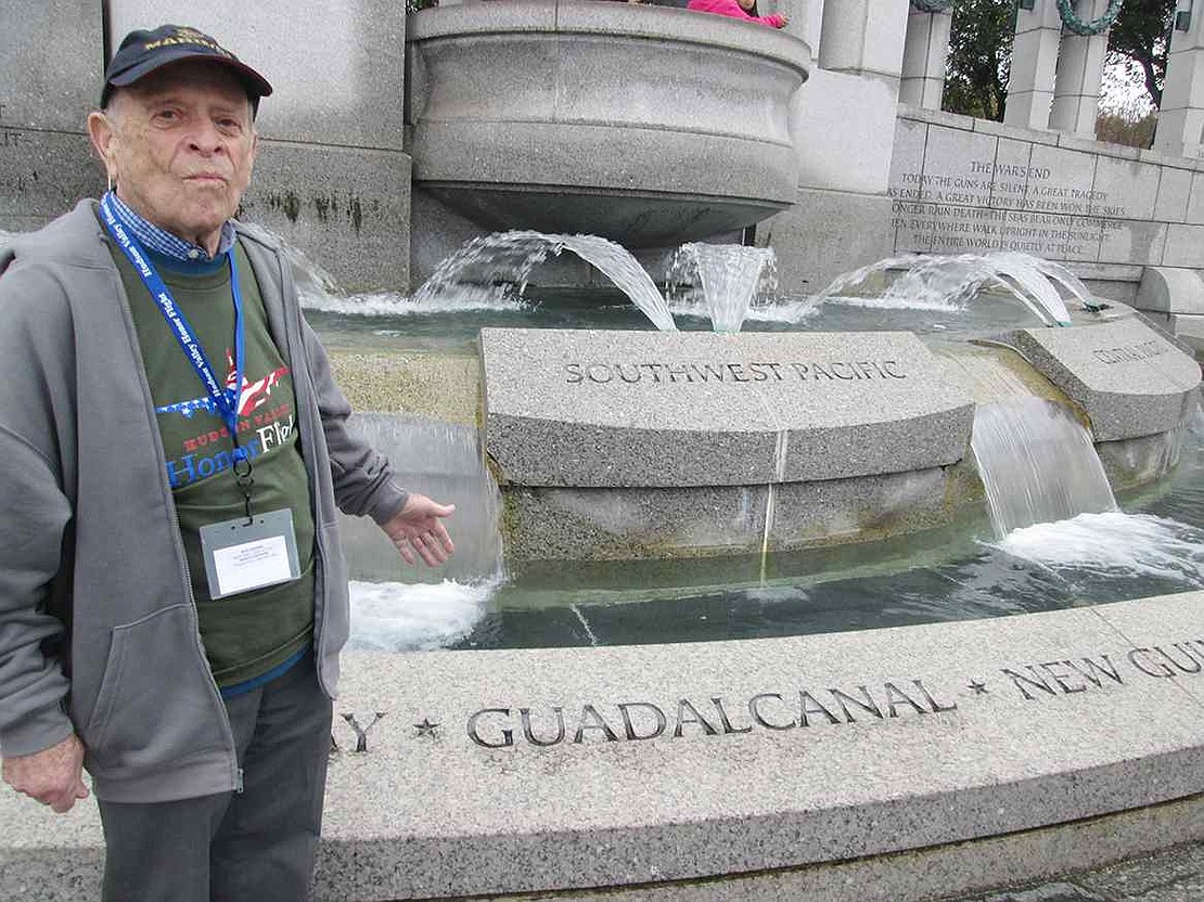  Atria Rye Brook resident and Marine veteran Spencer Weil enjoys his day on the Honor Flight Nov. 7 visiting the World War II memorial in Washington, D.C. Spencer was stationed in Guadalcanal during the war.