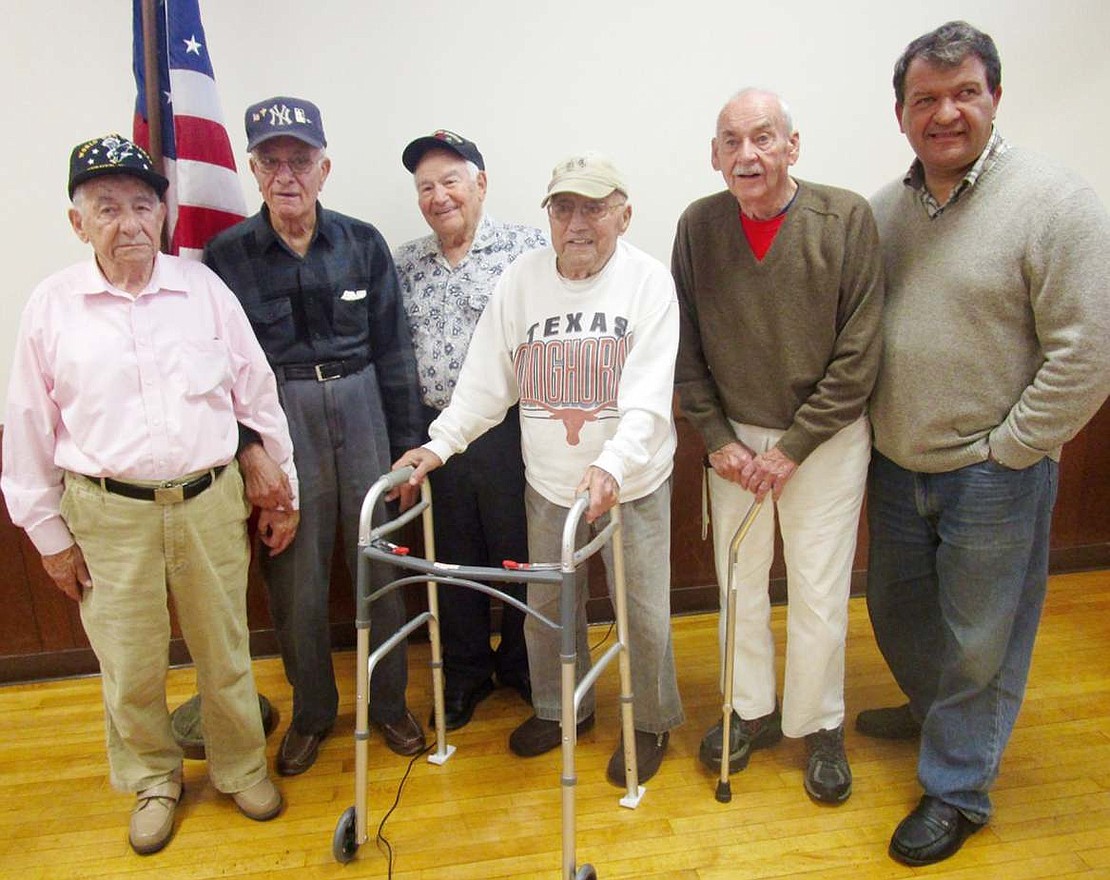  In attendance last Saturday were five veterans of World War II: Rocco Barrese, Gene Wells, Frank Bellantoni, James DiSanto and Robert Riehl. They are pictured with State Senator George Latimer who thanked each man for his service to the nation.