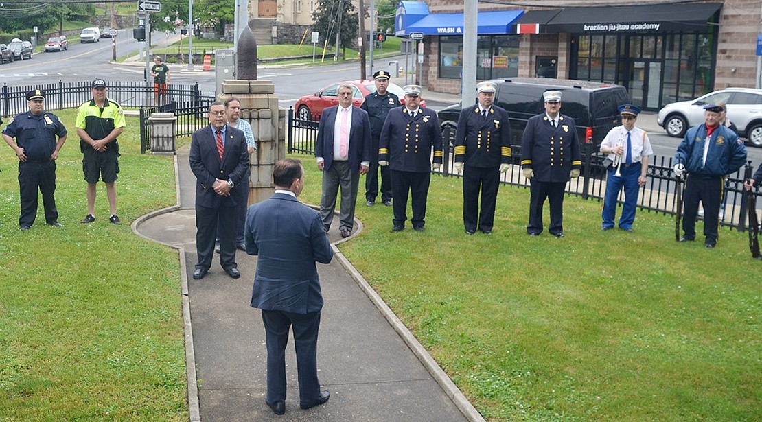 <p class="Picture">Port Chester Mayor Dennis Pilla speaks to those gathered for the observance at the Spanish-American War memorial in Summerfield Park.</p>