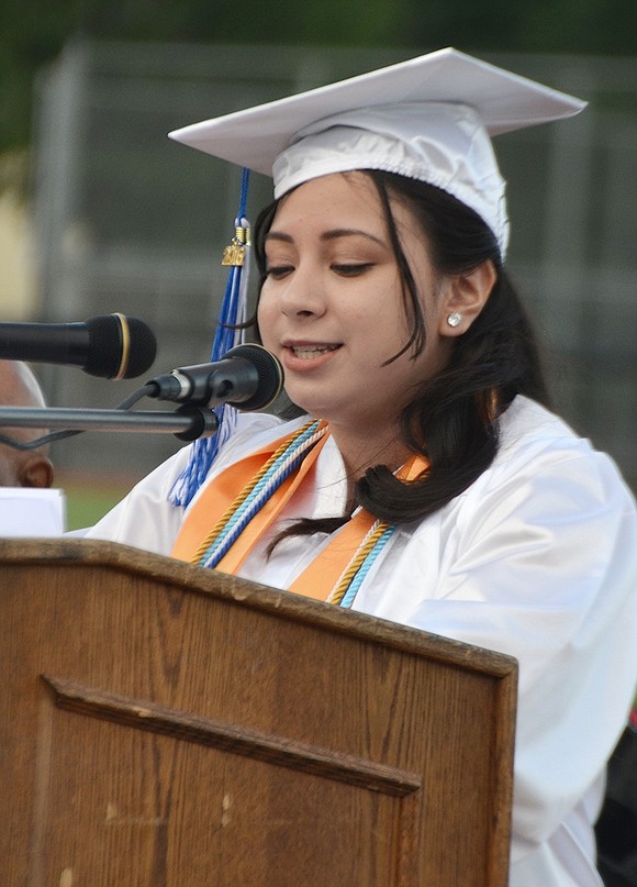 <p class="Picture"><span style="font-family: Arial, sans-serif;">Class President Perla Funes speaks to her fellow graduating seniors.&nbsp;</span>Richard Abel|Westmore News</p>