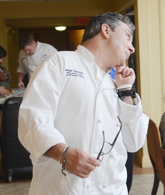 <p class="Picture">Atria Rye Brook Chef Jorge Cambre gives his best sultry pose during the runway walk. His efforts sparked laughter from the crowd, but they were not enough to break his tie in the category with EMS Administrator Scott Moore.&nbsp;</p>