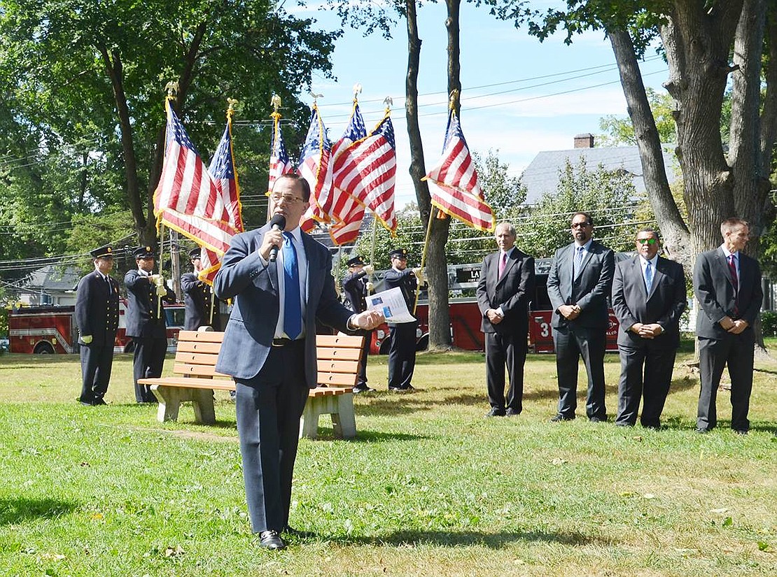 <p class="Picture">Port Chester Mayor Dennis Pilla addresses the crowd of people in front of the Sept. 11 memorial because of a &ldquo;tragedy that sits very close to home,&rdquo; Pilla said. The mayor took a moment to list a few community members who were directly affected 15 years ago by the attack on the Twin Towers and reminded those gathered that America has &ldquo;grown stronger and more united&rdquo; than ever before.</p> <p class="Right">Casey Watts|Westmore News</p>