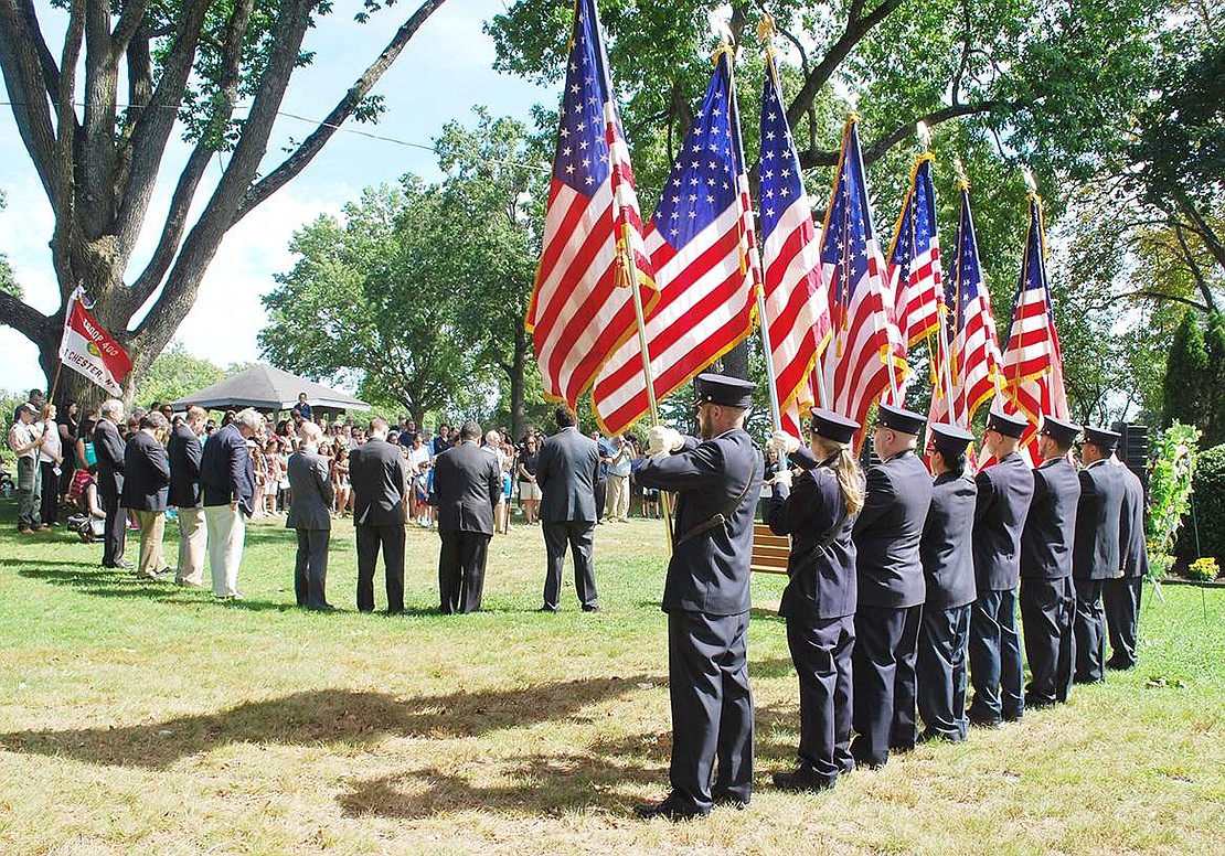 <p class="Picture">The Sept. 11 Memorial Ceremony in Lyon Park was well attended; about 200 community members, firefighters, police officers, state and local officials turned out at Lyon Park to pay their respects and to remember the almost 3,000 people who lost their lives on Sept. 11, 2001 in New York City and others who died that day at the Pentagon and in Shanksville, Pa. as a result of terrorist attacks. Richard Abel|Westmore News</p> <span style="font-family: Arial;">Photo Story By Casey Watts and Richard Abel</span>