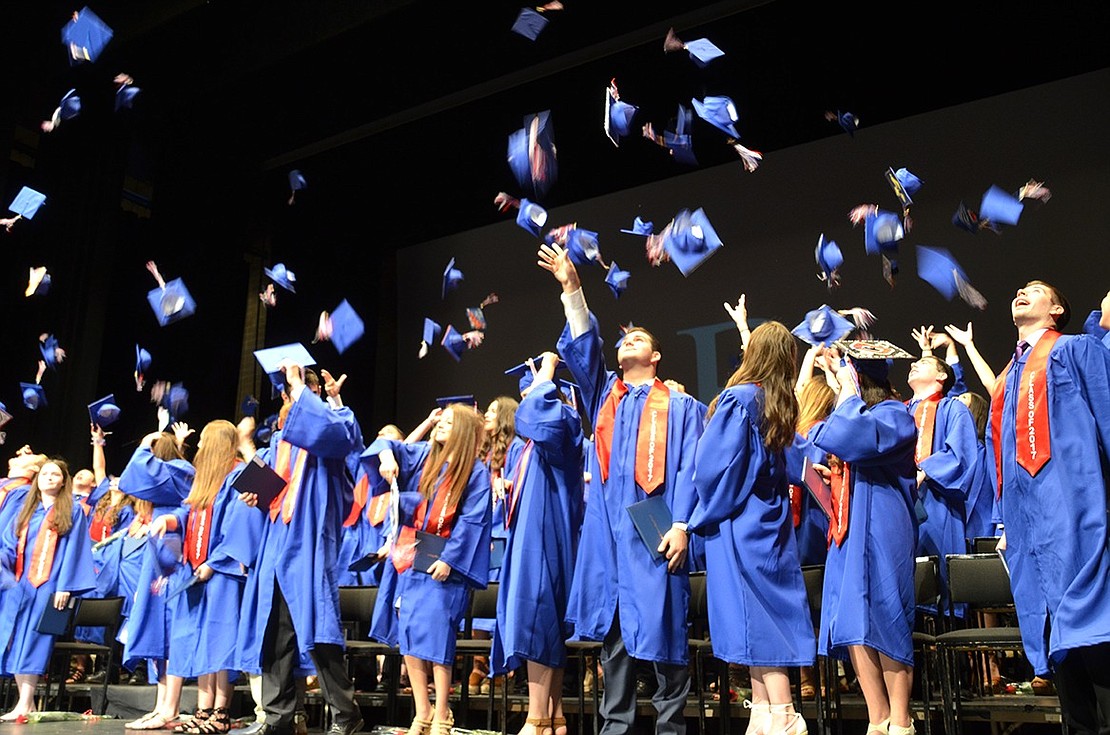 Caps off to the grads! The Blind Brook High School Class of 2017 celebrates one last time together during their graduation ceremony on Thursday, June 22 in SUNY Purchase’s Performing Arts Center. Two students were no-shows, so 128 of the 130 graduating seniors walked across the stage to receive their high school diplomas. 