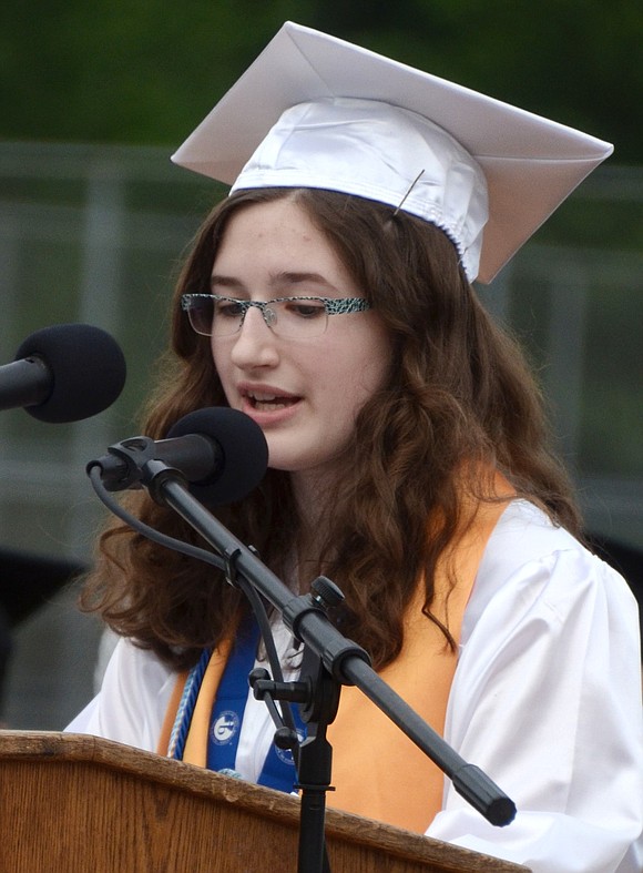 Anita Karas delivers the salutatory address at the Port Chester High School graduation on Friday, June 23.