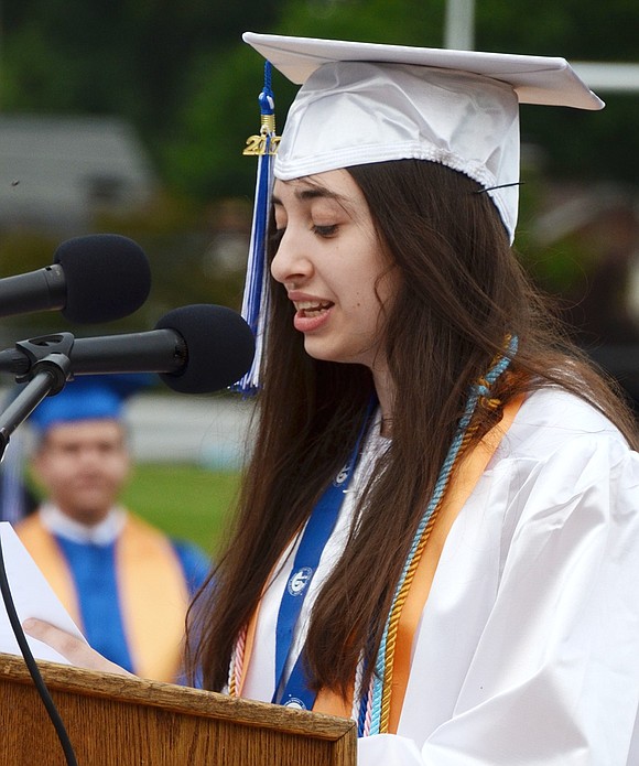 Emily Loiaconi delivers the valedictory address at the Port Chester High School commencement on Friday, June 23.