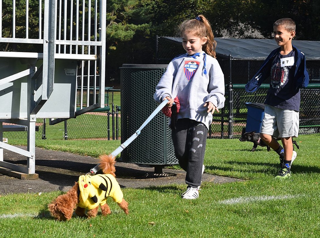 Six-year-olds Brook Vinikoor (front) and Kyle Dolgins walk Leo, who was dressed as the Pokémon Pikachu. They came out to celebrate Rye Brook’s Howl-O-Ween in Pine Ridge Park on Saturday, Oct. 28. 