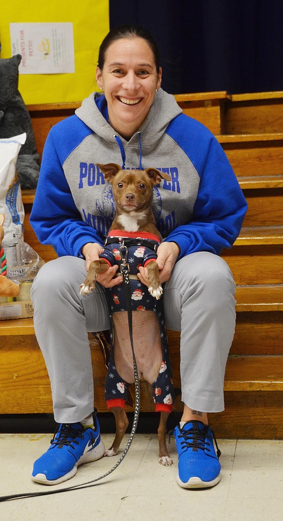 Pipi, a 2-year-old Terrier, Pitbull and Pomeranian mix, stands on two feet with her owner, Melissa Piccola, a physical education teacher at Port Chester Middle School who co-organized the fundraiser. Pipi is the winner of the teacher-enrolled cutest pet contest. 