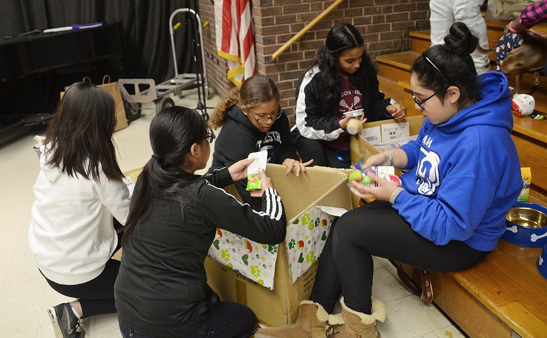 A group of middle school students help pack away pet toys and supplies for Pet Rescue as the organization and puppies get ready to leave. 