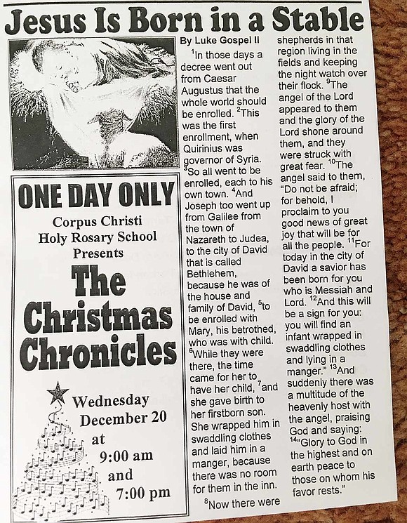 The “Bethlehem Chronicle” newspaper, a prop created for Corpus Christi-Holy Rosary School’s play “The Christmas Chronicle,” explains Jesus’ birth. 