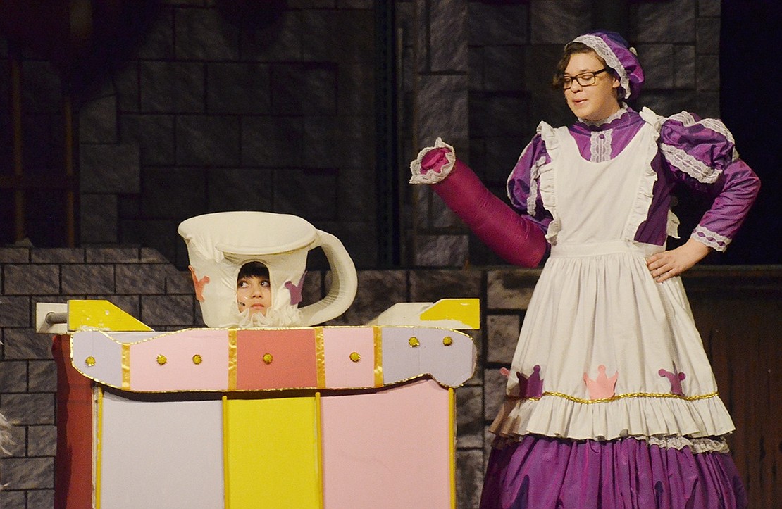 Mrs. Potts, played by Sophia Kamensky and her son Chip, played by Sebastian Gimenez, discuss Belle and the Beast’s complicated relationship among other living household objects. 