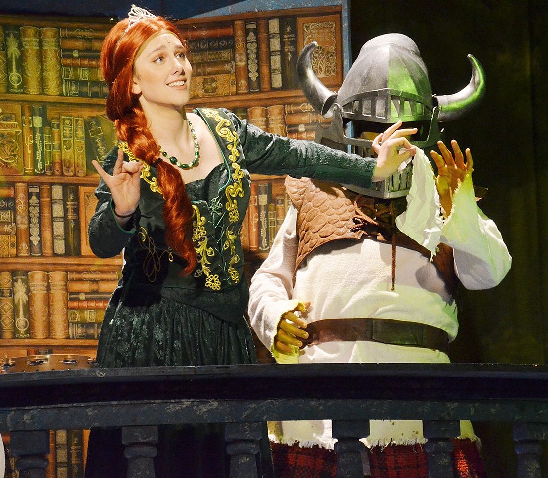 Princess Fiona (played by Emily Zeller) offers Shrek (played by Michael Lieberman) her handkerchief as a gift for coming to rescue her from the tower during Blind Brook High School’s production of “Shrek the Musical” playing in the high school auditorium from Thursday, Mar. 8 through Saturday, Mar. 10. 