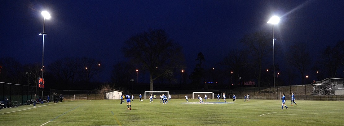 Girls play the first game of soccer on the newly-lit field at Columbus Park on Thursday, Mar. 15. Port Chester Trustee Luis Marino pushed for the lights, which allow for much more use of the field. The project came in at just under $400,000. Jananne Abel|Westmore News 
