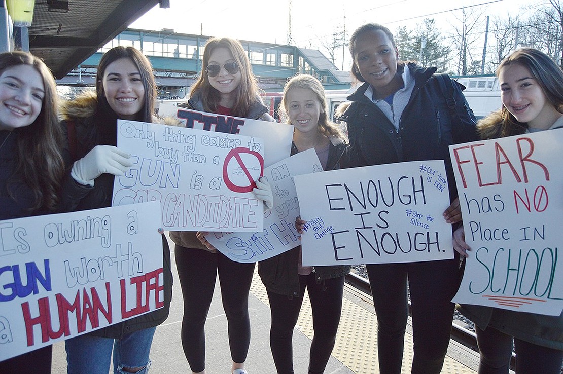 Students from Blind Brook High School anxiously wait at Rye train station to participate in the March for Our Lives in New York City on Saturday, Mar. 24. From left: Sydney Goodman, Rachel Harris, Julia Short, Abby Kimmel, Joelle Maitland and Ilana Serin.  Noah Zeitlin|Westmore News 